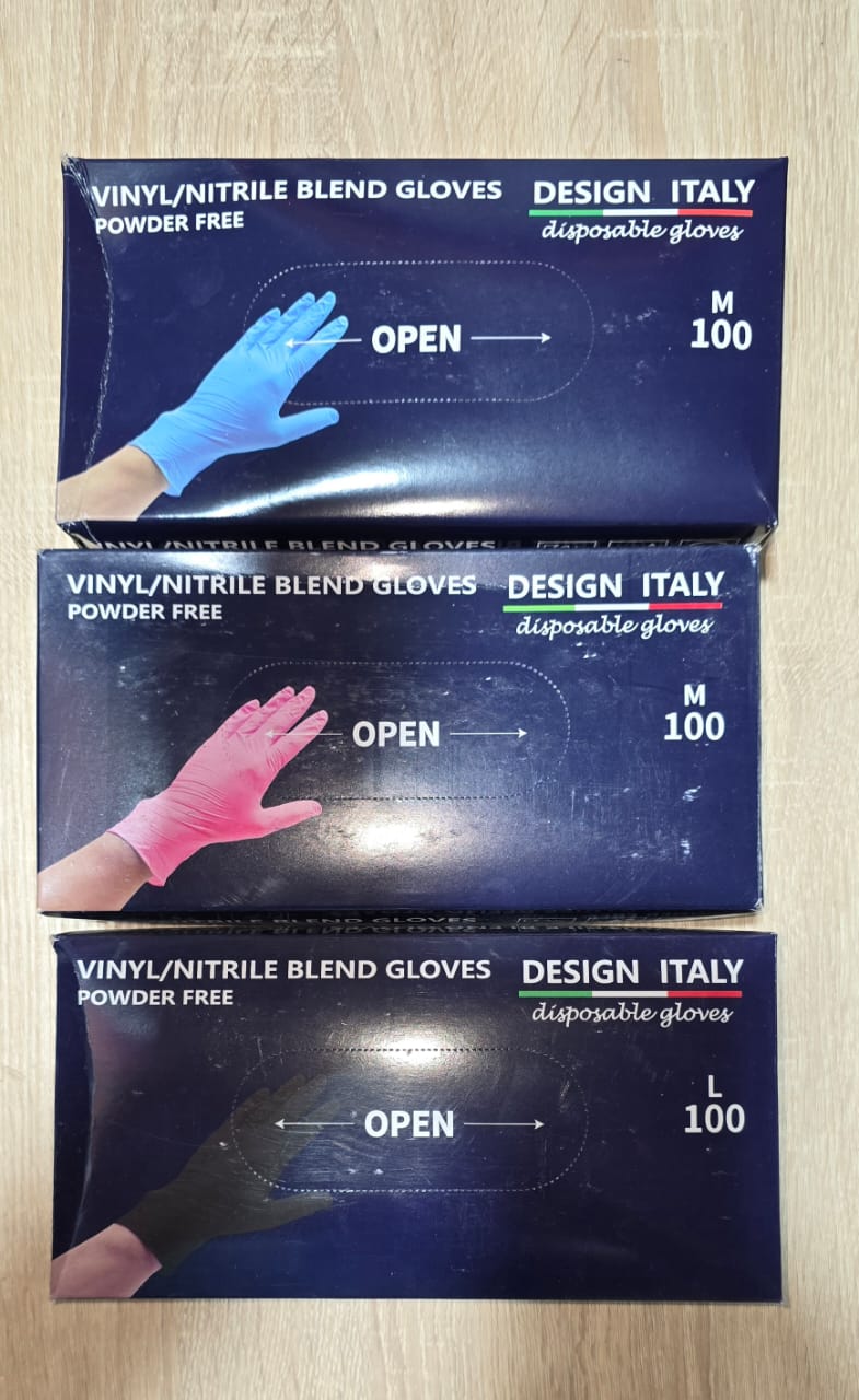 Vinyl/nitrile blend powder-free disposable gloves, sizes M and L